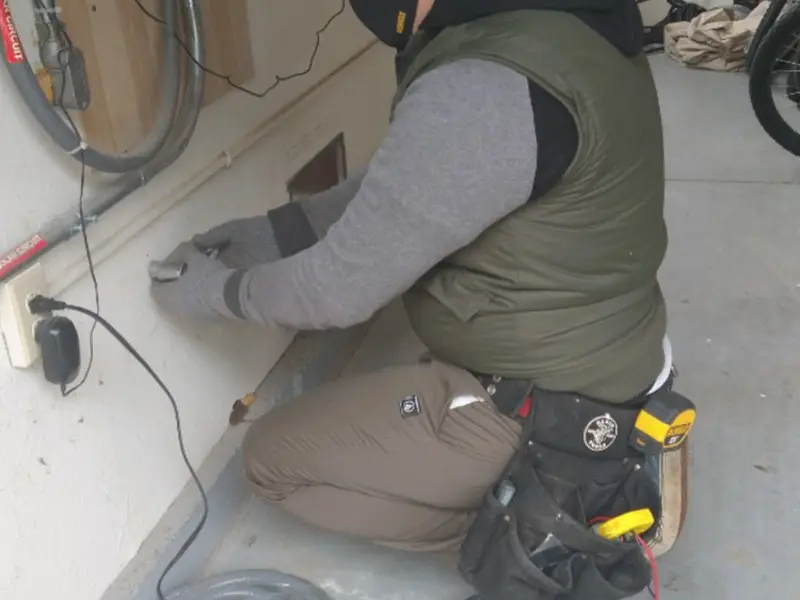 Electrician performing outlet wiring in a Ste. Genevieve garage